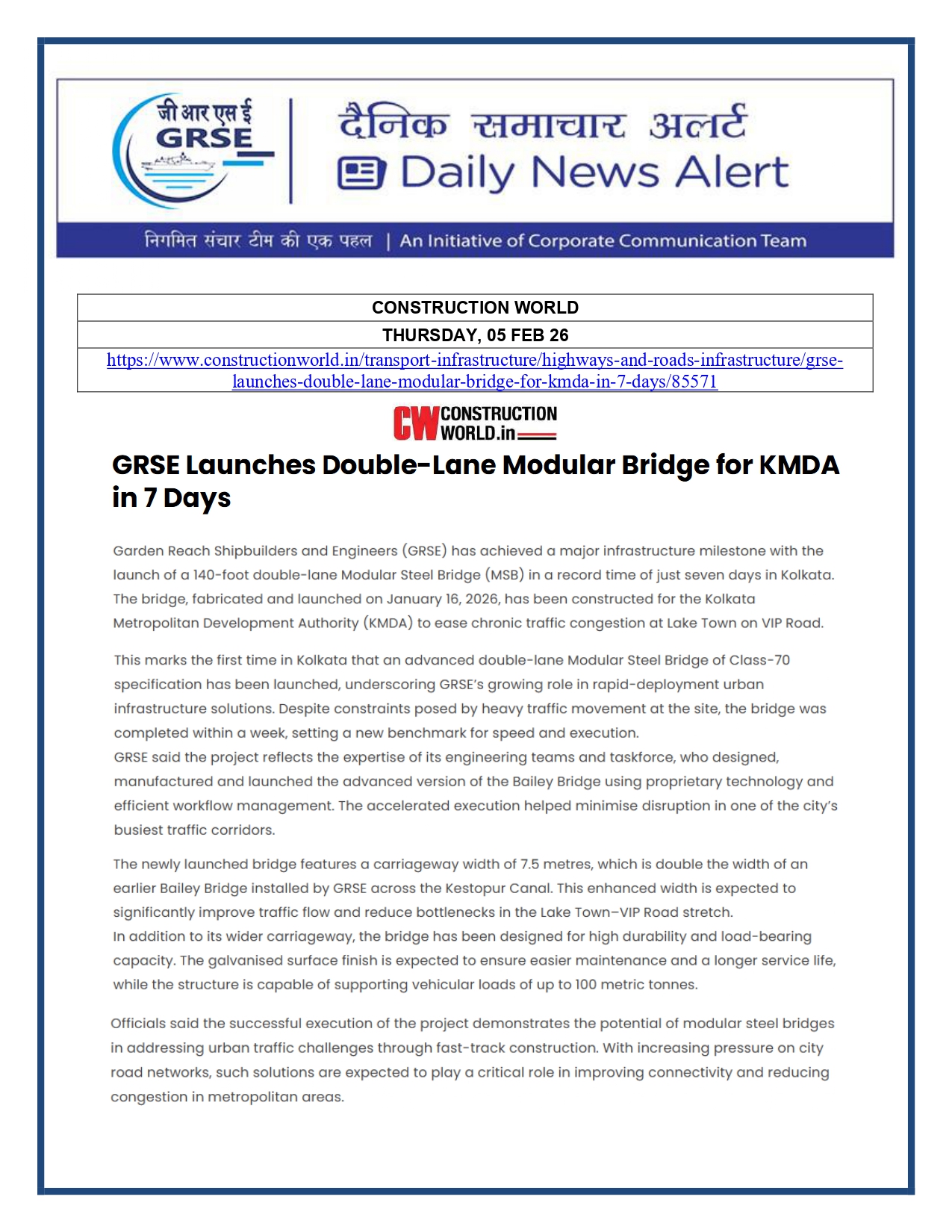  Press Coverage: 06 FEB 26: CONSTRUCTION WORLD 